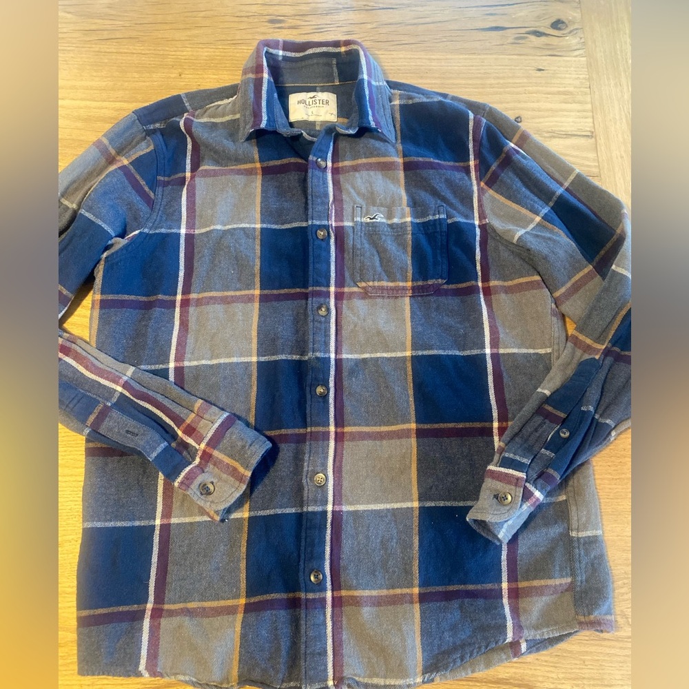Hollister Plaid Flannel Button Down Shirt Blue Men’s Large  Preowned‎